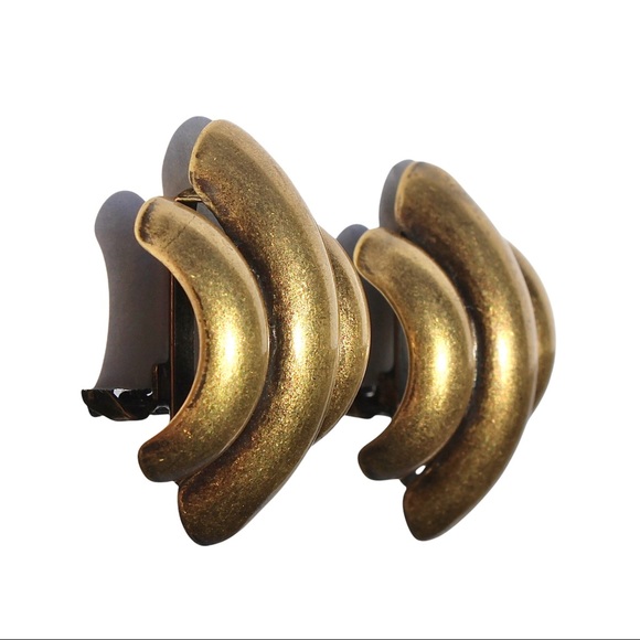Vintage Brass Clip On Earrings Modernist Style Ribbed Texture Large Statement - Picture 2 of 4